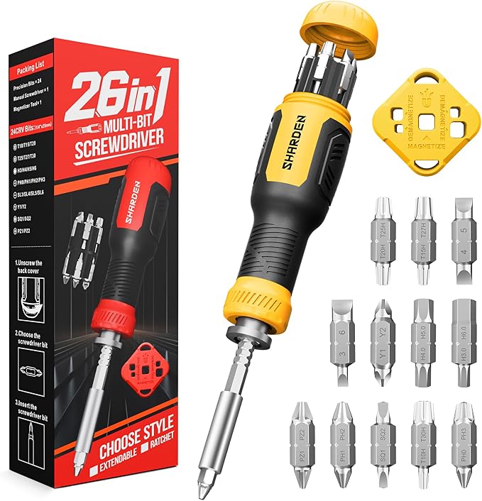 Multi ScrewDriver Set 26 in 1 All in One Adjustable Screw Driver | Telescoping Screw Driver with 12 Double Ended CRV Bits Phillips Slotted Torx Hex Portable Repair Kit for Home Bike Computer