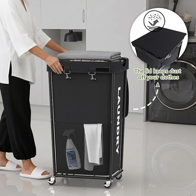 Laundry Hamper with Wheels and Lid, 110L Large Rolling Laundry Basket White | Heavy Duty Clothes Organizer, Sturdy Metal Frame, Lockable Swivel Casters, Removable Bag, For Bedroom, Bathroom, Laundry Room