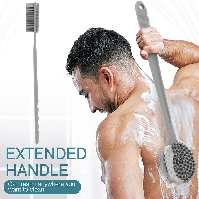 Sunnyray 2 Pack Silicone Back Scrubber for Shower with 15" Long Handle Double-Sided Bath Body Brush for Exfoliating Easy to Clean Quick Dry Deep Cleaning Lathers Well(Grey)