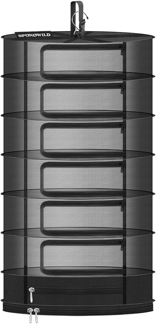 Herb Drying Rack Hanging Mesh, 2ft Diameter 7 Layer Plant Drying Rack with Door Type Zipper & Closed Storage Compartment for Folding Basket Dryer Fiting in Grow Tents, Garden Outdoor