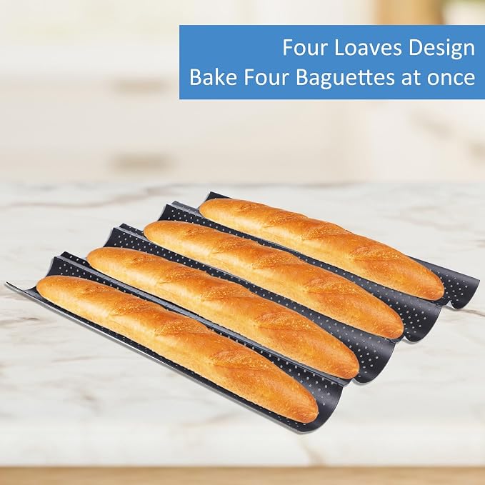 4-Slot French Baguette Pan Set, Non-Stick French Bread Pan, Baguette Baking Pan with Proofing Cloth, Bread Lame, Home Baking Tools Kit for Homemade Bread