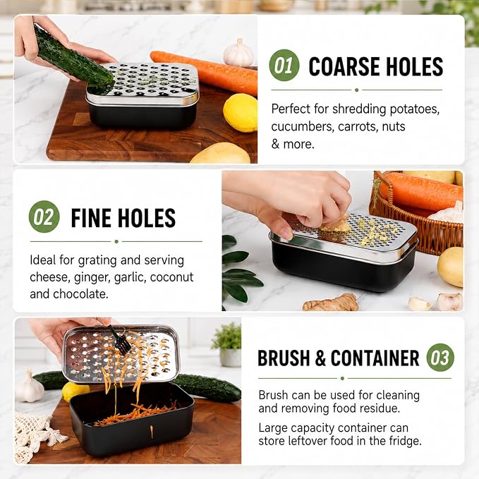 Cheese Grater with Storage Container, Box Grater Stainless Steel for Vegetables, Cheese Shredder 2 Sharp Blades for Fine & Coarse, Non-Slip Base, Lemon Zester, Includes Cleaning Brush (Pink)