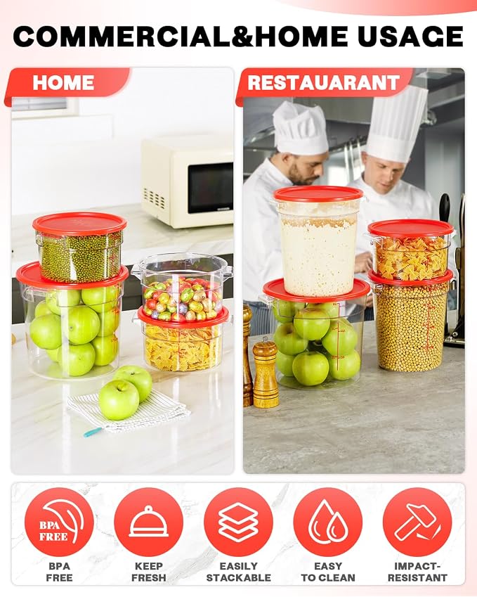 2QT NSF Round Food Storage Containers with Lids: 4 PCS [Total Food Grade][Hot&Cold Resistant] Dough Proofing Container for Pizza, Bread with Measuring Spoons Included(BPA FREE) (RED)