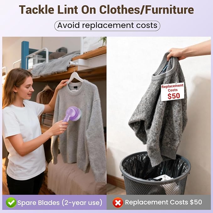 DBC Fabric Shaver & Lint Remover for Clothes, Sweaters & Furniture | 6-Leaf Blade, 3 Speeds, 2H Runtime, Portable Design Perfect for Travel, Includes 2 Extra Blades, Purple