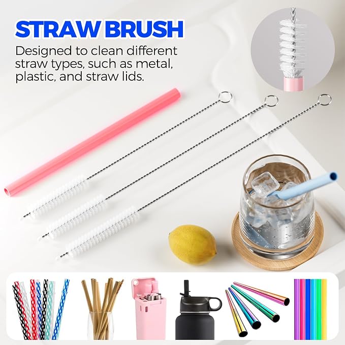 Holikme 6 Pack 4 in 1 Cup Lid Cleaning Brush 3 Straws Bottle Brush,Red | 4 in 1 Cup Lid Cleaning Brush Multifunctional Bottle Brush, Silicone Cup Lid Gap Cleaner, Bristle Crevice Cleaning Brush
