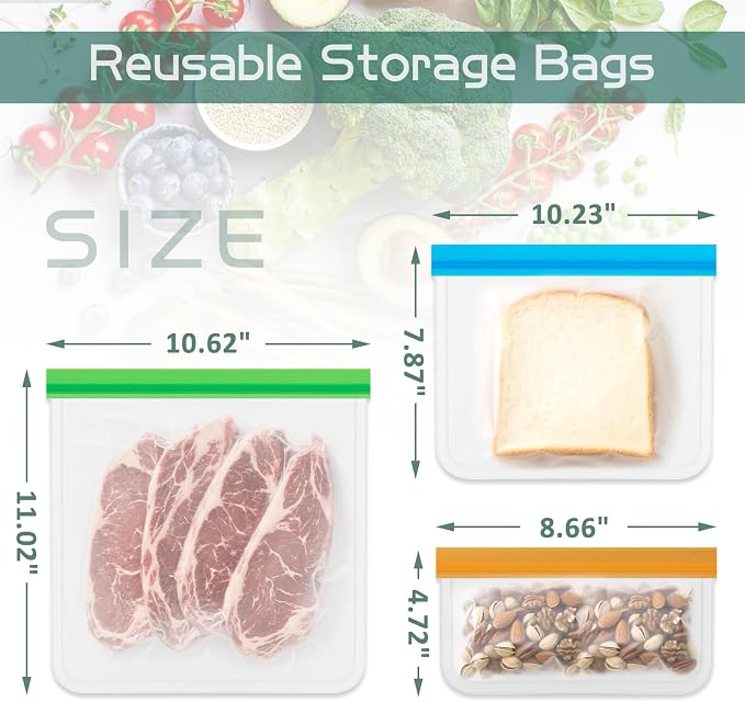 Reusable Food Storage Bags - 10 Pack Freezer Bags - Extra Thick Preservation Bags, Leakproof Silicone Bag for Meal Prep, Kitchen Organization - 2 Gallon 4 Sandwich 4 Snack Bags