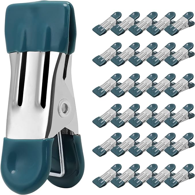 Clothes Pins Heavy Duty, 30 Pack, 2.17 Inch Metal Chip Clips, Dark Green | Clothespins for Photo Drying Clothesline Laundry Sock, Bag Clips for Food Kitchen Stainless Steel with Rubber