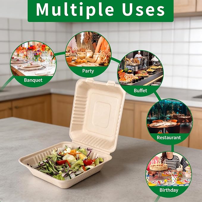 Aricsen Compostable 1 Compartment 50 Pack 8×9 Inch Takeout Lunch Box Containers with Lid To Go Take Out Clamshell for Food, Disposable Eco-Friendly Biodegradable Bagasse, PFAS-Free, Brown