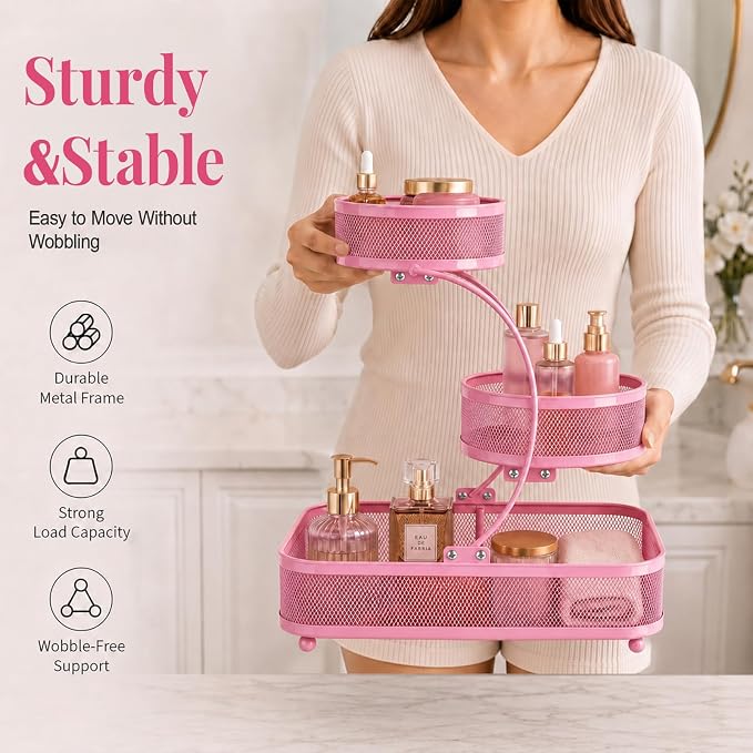 3 Tier Bathroom Counter Organizer-Perfume Organizer | Makeup Organizer For Vanity, Metal Shelf Organizer With Water-Resistant Open Design And Strong Load Capacity, Pink