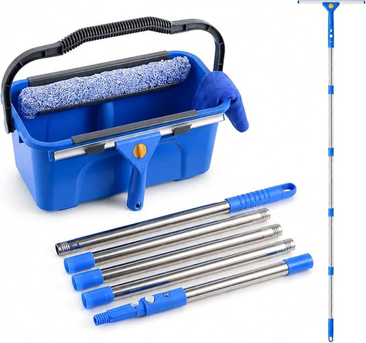 UFORU Professional Window Cleaning Kit with Bucket, 3 Gallon Set with 14" Window Squeegee, 15" Microfiber Scrubber and 76" Long Handle for High Window, Home, Outdoor, Commercial and Car Glass Cleaning
