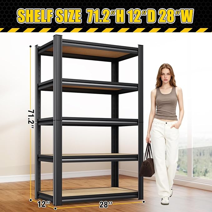 4 Pack Garage Shelving Heavy Duty Storage Shelves, Metal Adjustable Shelving Unit, Utility Garage Organizer Shelf for Basement, Pantry, Kitchen, Warehouse, 71.2" Hx28 Wx12 D, Black