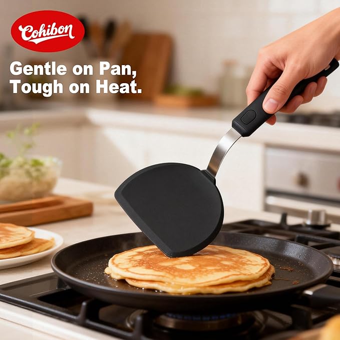 3 Piece Silicone Spatula Turner Set, 600°F Heat-Resistant Nonstick Kitchen Cooking Utensils Set for Egg,Pancake,Burger - Thin Stainless Steel with Silicone, Dishwasher Safe,Black