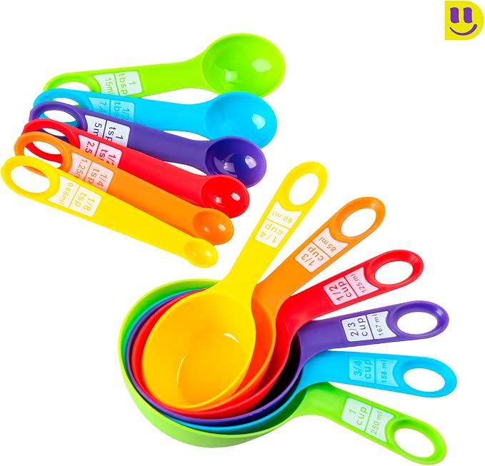 [3 Pack] Reusable Silicone Bags + Measuring Spoons Set - Large, Medium, Small Stand Up Food Storage - Leakproof, BPA Free, Dishwasher & Microwave Safe.