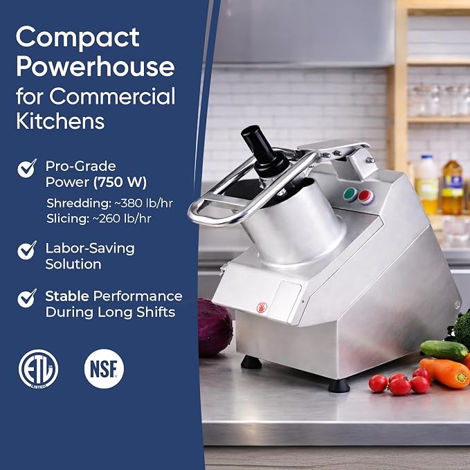Tartle Kitchen 750W Electric Vegetable Chopper - Commercial Food Processor with Continuous Feed, Dual Feed Openings, 5 Discs for Slicing, Shredding, & Grating - Restaurant-Grade, NSF & ETL Certified