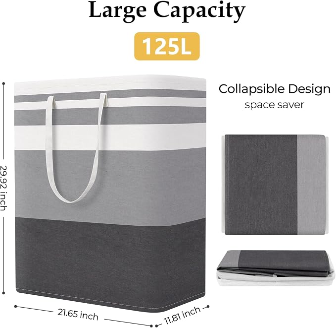 StorageRight Laundry Basket Hamper, 125L Collapsible Clothes Storage, Grey | Freestanding Clothes Hampers, Foldable design, with Easy Carry Handles, For Laundry, Bedroom, Dorm, Clothing, Towels, Toys