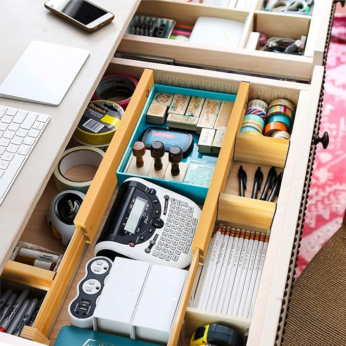 ANTOWIN Bamboo Drawer Dividers Organizers, Drawer Separators Splitter,13-17 inches Long Adjustable Spring-loaded Organizer for Large Utensil, Clothes, Tools Drawers (4+3)