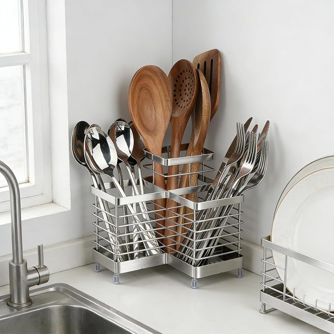 Utensil Holder, Stainless Steel Corner Utensil Holder for Kitchen Counter, 3 Compartments Utensil Crock Organizer for Spatulas, Silverware, Forks, Knives, Spoons & Cooking Tools