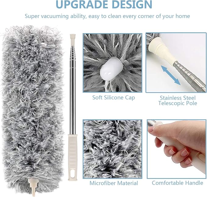 Duster with Extension Pole, 30-100 Inch & Bendable Microfiber Duster Head | Detachable & washable Duster head，Extendable Long Duster for Cleaning Ceiling Fan, High Ceiling, Keyboard, Furniture Car Gray