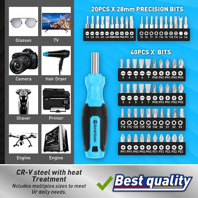 Amartisan 86-Piece Magnetic Screwdrivers Set with Case | Includs Slotted, Phillips, Hex, Pozidriv,Torx and Precision Screwdriver, Magnetizer Demagnetizer Tools, Tools for Men(Blue)