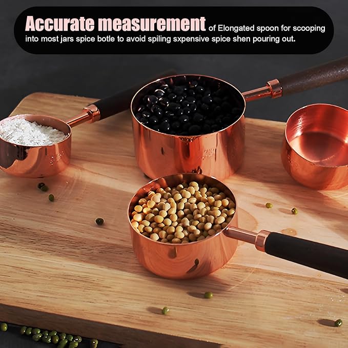 SHIKORI Gold Measuring Cups and Spoons Set with Wood Handles, Premium Stainless Steel Measuring Spoons and Measuring Cups Set, For Cooking and Baking in the Kitchen-Rose Gold-4Cups