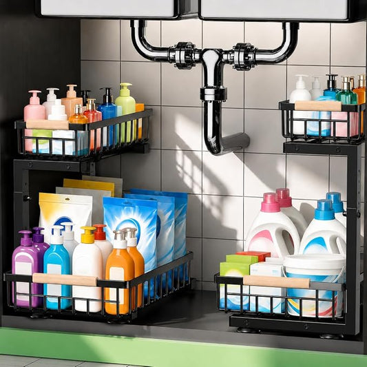 Under Sink Organizer, Pull Out Kitchen Storage Cabinet Organizer, 2-Tier Metal Slide Out Shelf for Bathroom Laundry Kitchen Storage with Drawers, 11.8"W x 15.9"D x 13.8-16.9"H, Black, 2 Pack