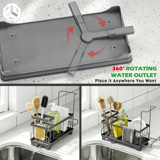 Sponge Holder for Kitchen Sink, Self-Draining Sink Caddy with Detachable Cloth & Dish Brush Rack, Metal Sponge Caddy Organizer for Kitchen Countertop Organizers and Storage Accessories, Gray