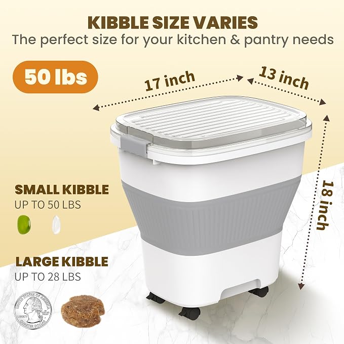 HOYTAMDAR 50Lbs Rice Container,Collapsible Food Storage Containers with Airtight Clear Lid,Wheels,Rice Storage Container with Small Bin and Scoop,Rice Dispenser for Flour Sugar Cereal Grain Dog Cat