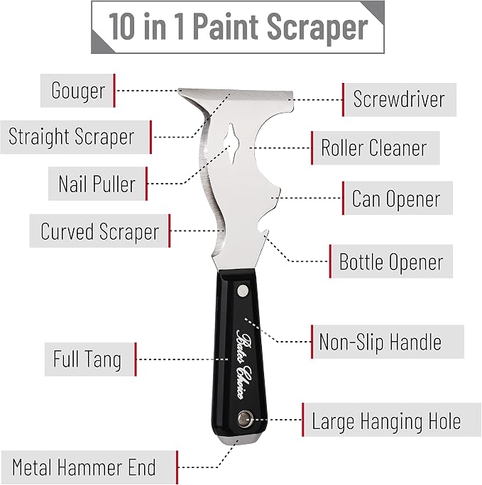Bates- Paint Scraper, 10 in 1 Painters Tool, Scraper for Wood | for Paint Removal and Surface Cleaning