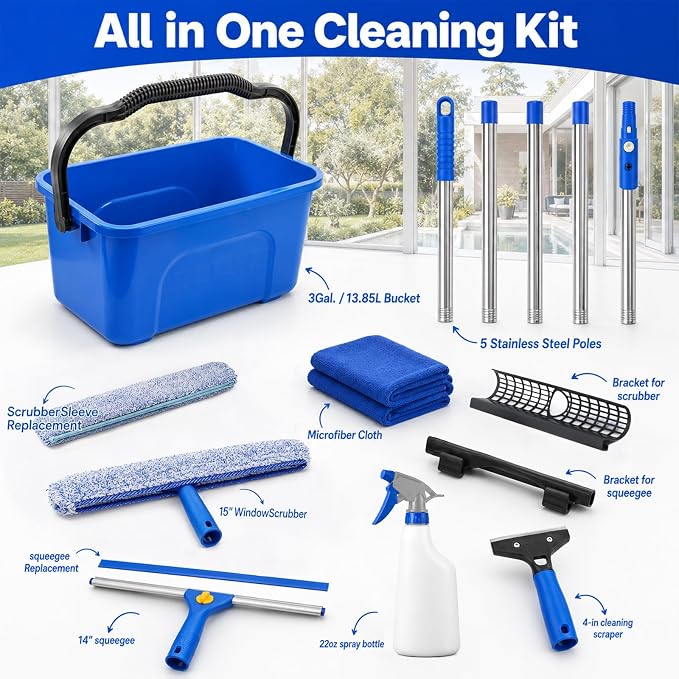 Window Cleaning Kit with Extension Pole Professional Window Washing Kit | with Bucket, 79"Window Squeegee with Microfiber Scrubber Scraper,Window Cleaner Tool for Indoor Outdoor High Windows