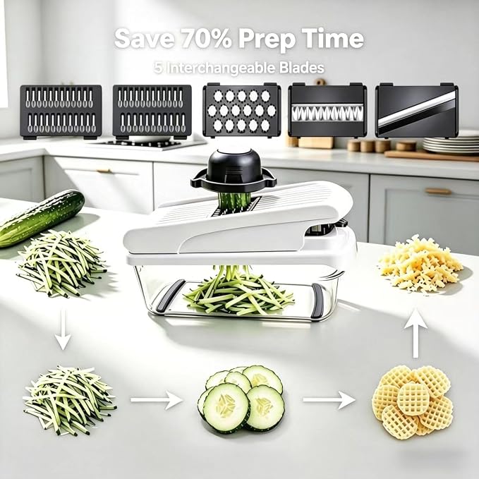 Laxeqohck12 in 1 Vegetable Chopper with Container, Stainless Steel Blade Onion Dicer, Safe Hand Guard Mandoline Slicer, Multifunctional Potato Grater Cutter for Kitchen Meal Prep Salad Making (white)