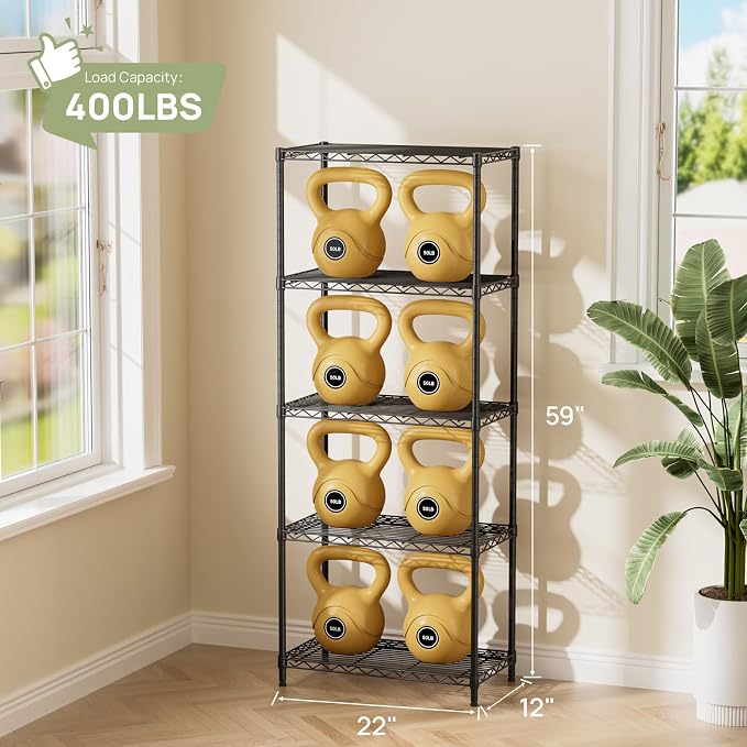 Golpart 5Tier Adjustable Storage Shelves Metal Wire Shelving Standing Shelf | Utility Heavy Duty Unit Rack Closet Organize for Home Kitchen Laundry Room Organization Pantry 12"Dx22"Wx59"H Black