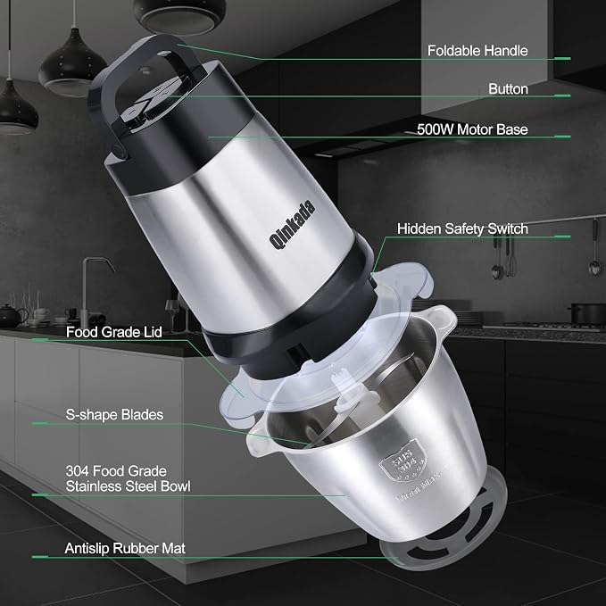 Qinkada Food Processor, 500W Powerful Meat Grinder, 14Cup Stainless Steel Bowl, 3 Speed Modes 4 Bi-Level Blades for Onion, Meat, Nuts, Fruit, Garlic, Vegetable, Baby Food