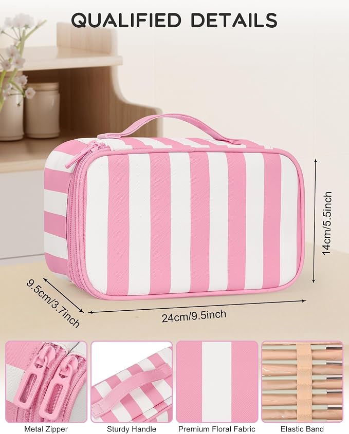 Relavel Travel Makeup Bag, Small Floral Cosmetic Bag with Makeup Brush Compartment, Portable Makeup Pouch for Women, Double Layer Makeup Organizer Bag Cute Toiletry Bag, Wide Strip