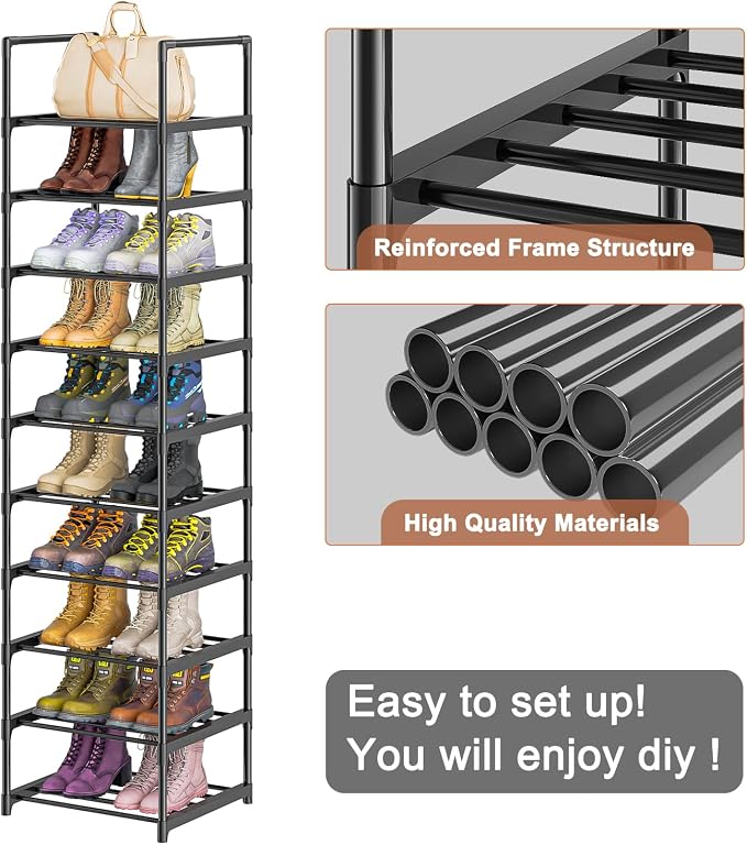 OYREL Shoe Rack, Upgrade Plus Narrow 10 Tier Shoes Organizer for Closets | Any Shoes & Boots, Sturdy Metal Tall Stackable Free Standing Shoe Racks for Small Space, Bedroom, Entryway