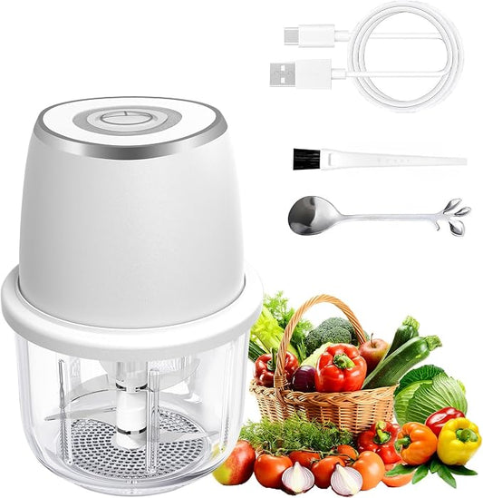 Electric Mini Garlic Chopper, Mini Food Chopper & 350ml Portable Cordless USB Rechargeable Garlic Chopper, Best Mini Chopper for Onion, Herb, Nut, Easy to Clean Glass Container （White)