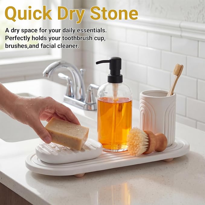 Instant Dry Stone Sink Tray, 11.8x3.9 Water Absorbing Diatomite Stone Tray for Sink with Wooden Feet, Sink Caddy Stone, Kitchen Sink Organizer (White-2)