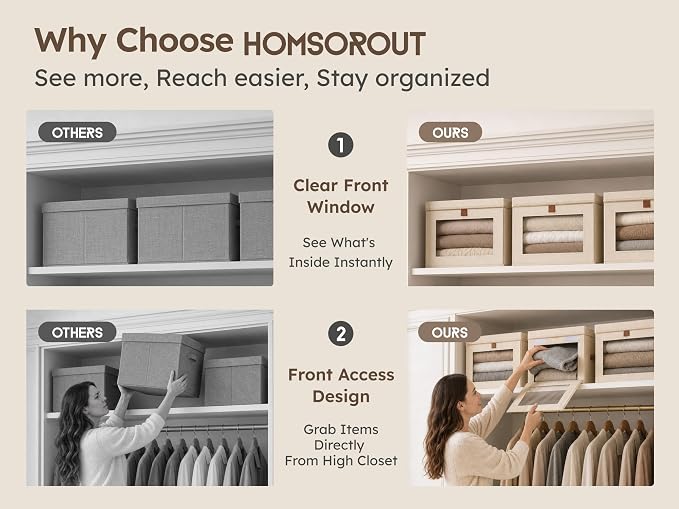 Homsorout Large Closet Storage Bins - Collapsible Storage Bins with Handles & Window, Decorative Boxes with Lids, Fabric Cubes for Living Room, Dorm, 1 Pack, Beige