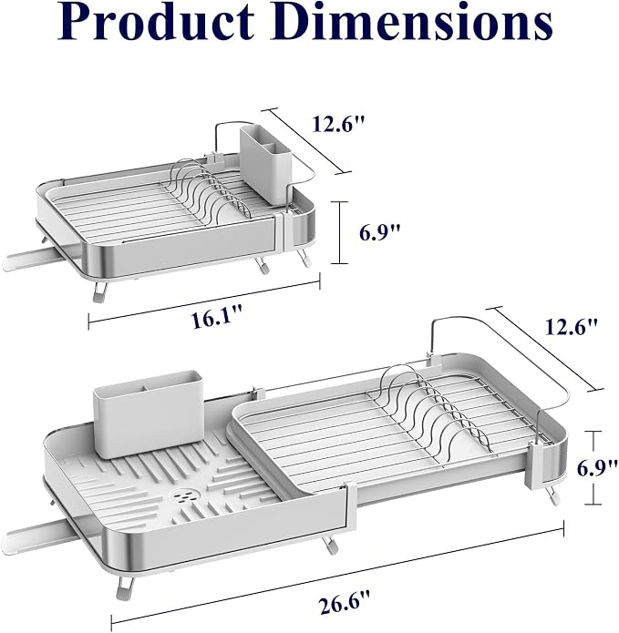 Kitsure Expandable Metal Dish Drying Rack, 16.1-26.6" L x 12.6" W, White | Dish Racks for Kitchen Counter, Auto-Drain Drying Rack for Kitchen, Cutlery Holder, Non-Slip Feet, Anti-fall Fence