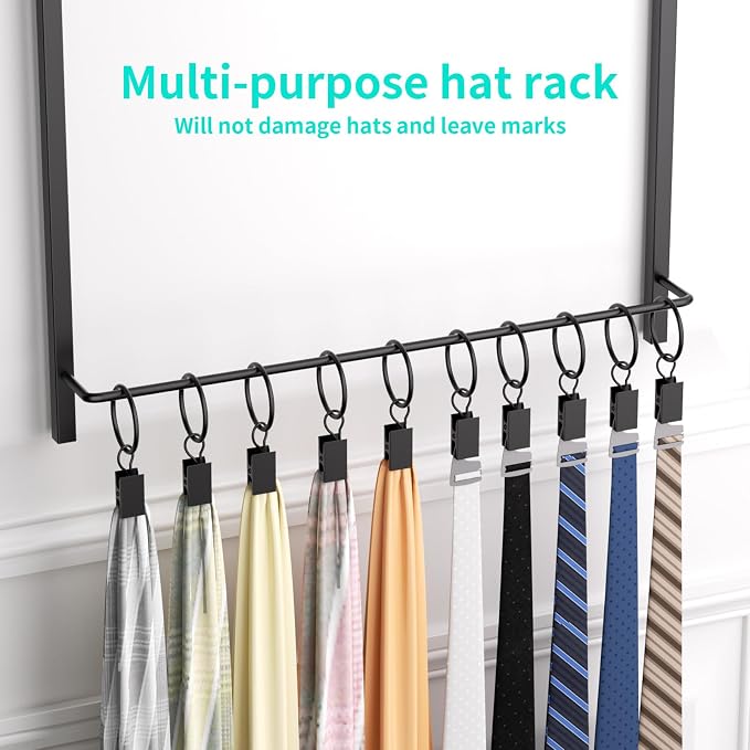 HapiRm Over Door Hat Rack - 3 Tier Wall Mounted Hat Organizer with 16 Hooks and 10 Movable Clips, Baseball Cap Organizer Storage Holds up to 26 Caps for Door, Bedroom, Closet USPTO Patented