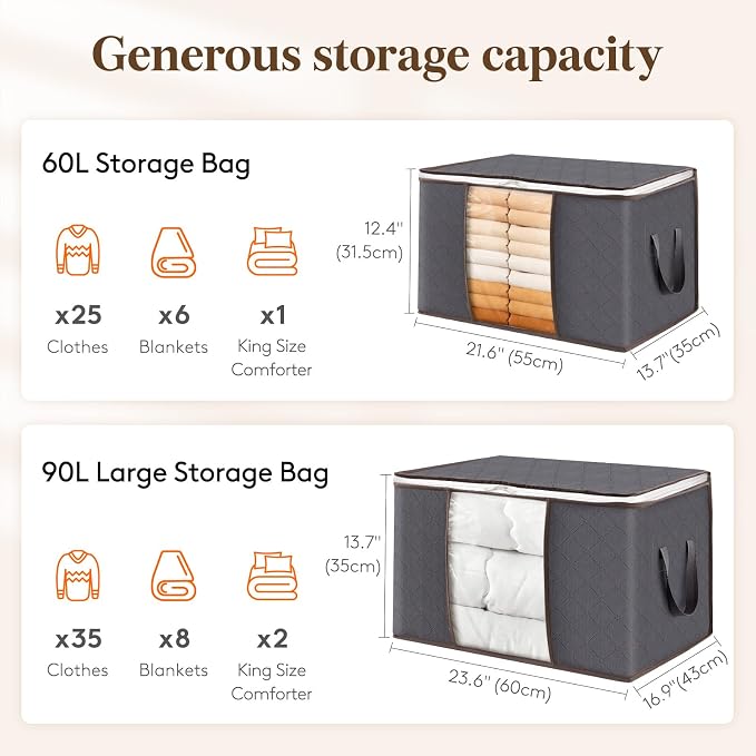 Lifewit 8 Pack 60L Clothes Storage Bins with Lids, Foldable Blanket Storage Bags with Zippers, Clear Window and Reinforced Handles, Closet and Organization for Clothing, Sweater, Comforter, Bedding