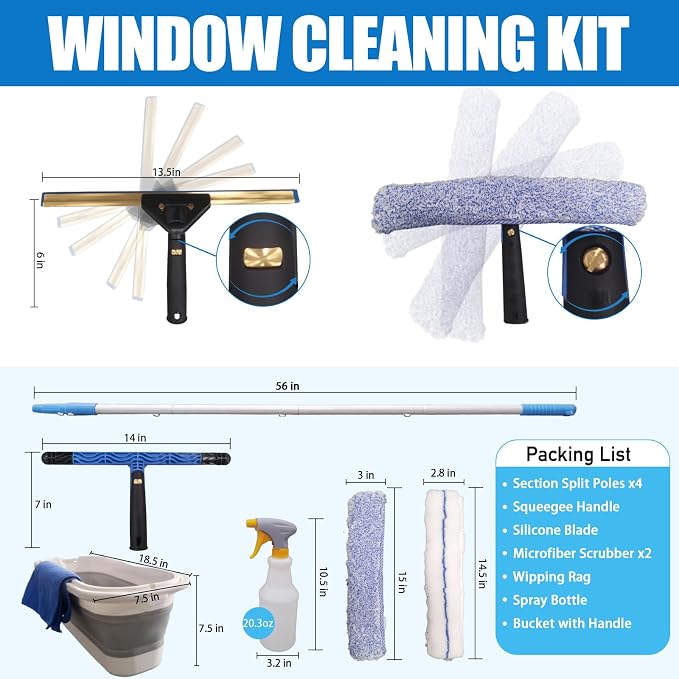 Window Cleaning Kit with Storage Bucket,Window Washing Kit with 4.13Ft Extension Pole,Scrubber,Spray Bottle,Duster Cloth,Squeegee with Rotating Head,Professional Window Cleaning Squeegee Kit