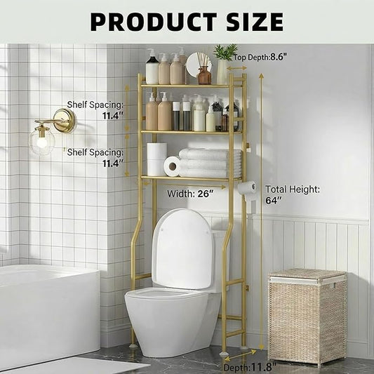 GloTika 3-Tier Over Toilet Storage with Anti-Tilt Safety System - 150lb Total Capacity Metal Bathroom Shelves Including Paper Holder & 4 Hooks, Space Saving Above Commode Organizer (64" H, Gold)
