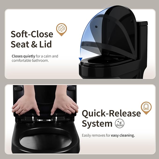 DeerValley Compact One Piece Toilet With Soft Closing Seat in High Gloss Black Finish Featuring 12 Inch Rough-In Modern Style for Contemporary Bathrooms