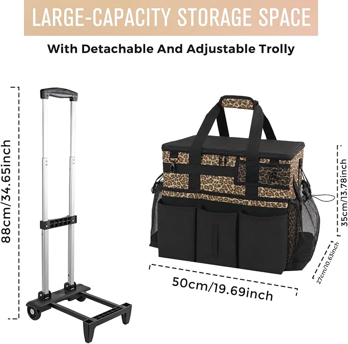 SCAVATA Rolling Cleaning Caddy Bag with Detachable Trolley, Large Cleaning Supplies Organizer with Wheels, Multi-Pocket Cleaning Cart with Adjustable Shoulder Strap for Housekeepers (Leopard)