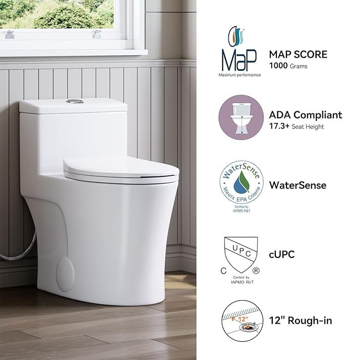 HOROW T0338WM Elongated One Piece Toilet Matte White, ADA Toilet 17.3" with Comfort Chair Height Seat, 0.8/1.28 GPF Powerful Dual Flush Toilet for Bathroom, 12" Rough-in Skirted Toilet Bowl