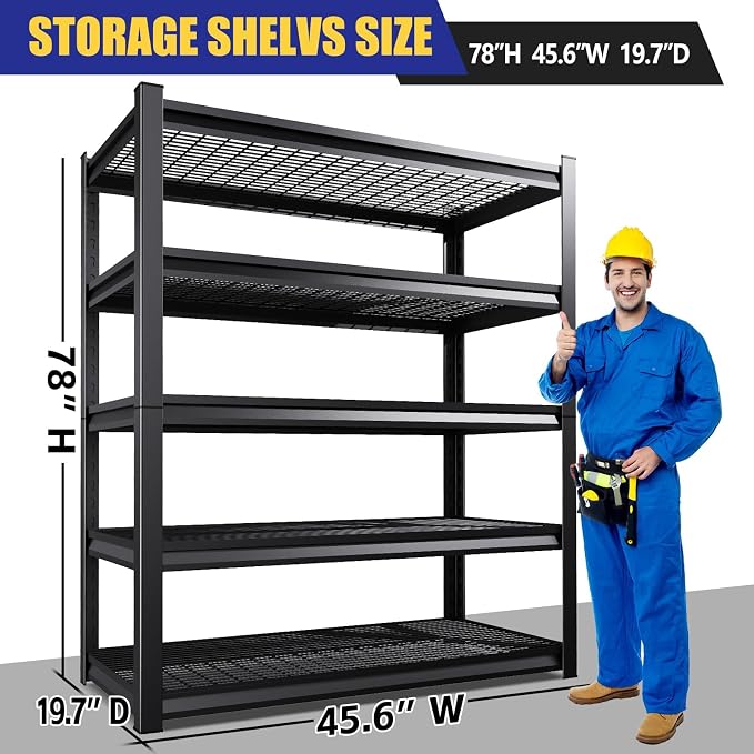 Garage Shelving-5 Tier Storage Shelves, Adjustable Heavy Duty Metal Shelving Unit and Storage Large Wire Rack, Utility Steel Shelf for Warehouse Industrial Pantry Basement -78"x46"x20", Black