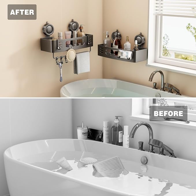 Voldra Shower Caddy Suction Cup, Shower Shelves for Inside Shower No Drilling, Aluminum Suction Showers Organizer for Wall with Towel Bar & Hooks Removable Bathroom Storage Rack(1 Pack-Gray)