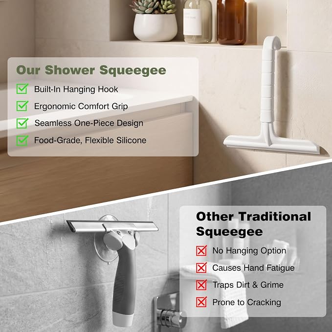 Roylvan Silicone Shower Squeegee, All-in-One Shower Squeegee for Glass Doors with Built-in Hook, Household Window Mirror Cleaner for Bathroom Glass Kitchen Tile Wall Car, White
