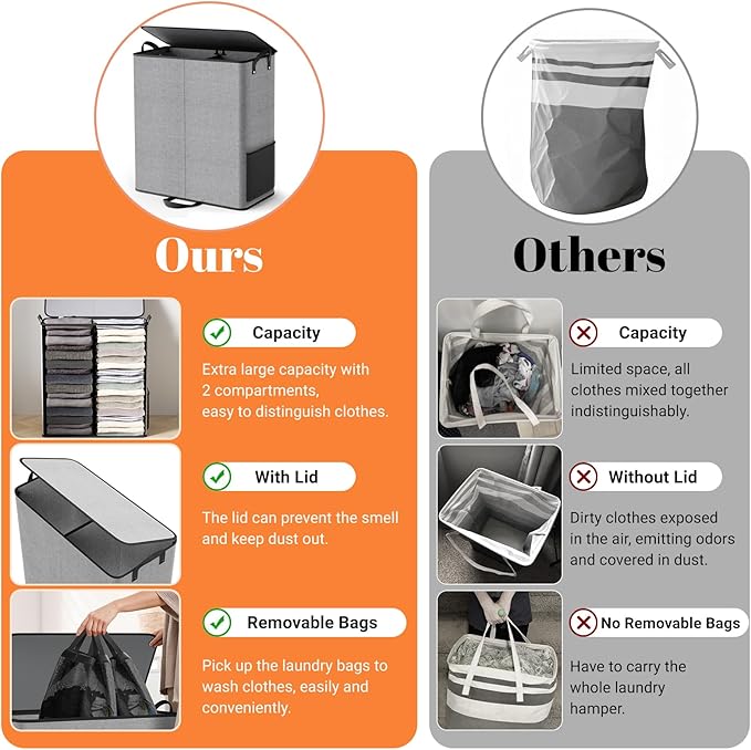 136L 2 Section Laundry Hamper with Lid, Laundry Basket, Gray | Large Laundry Hampers with Reinforced Handles & Removable Bags, Tall Dirty Clothes Hamper for Laundry Room, Bedroom, Bathroom