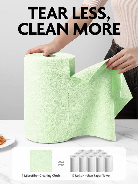 Fantasticlean Microfiber Cleaning Cloth Roll- 75 Sheets, 12" x 12" (Green) | Super Absorbent, Lint-free, Tear-away Microfiber Towel Roll, for All-Purpose Cleaning, Reusable Alternative to Paper Towels
